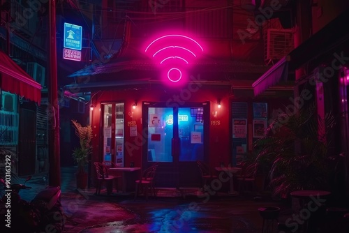 Neon Wi Fi symbol on a house in a bustling urban environment representing digital connectivity and modern technology.