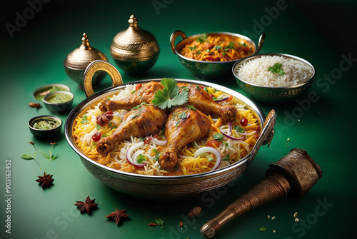 Ramadan Dum chicken biriyani, delicious chicken biriyani in ramadan green festive background. photo