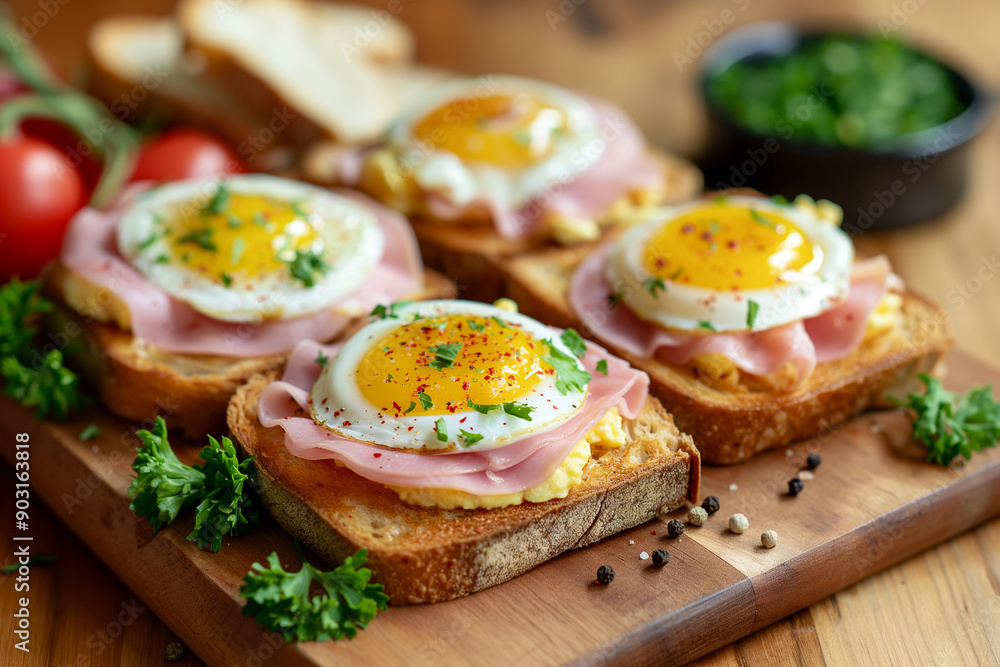 Close-up of toasts with eggs, ham and fresh vegetables on wooden board. Professional food photography, natural light Close-up of toasts with eggs, ham and fresh vegetables on wooden board. Professional food photography, natural light