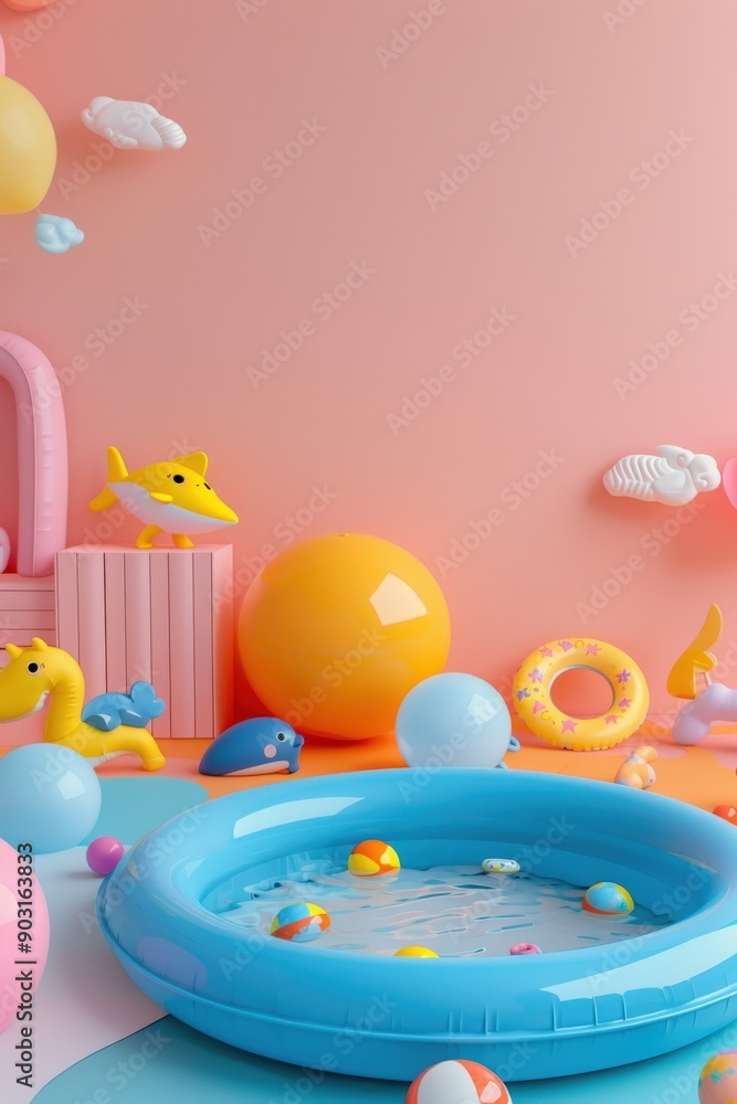 Colorful Summer Fun Inflatable Pool, Toys, and Balloons. Colorful Summer Fun Inflatable Pool, Toys, and Balloons.