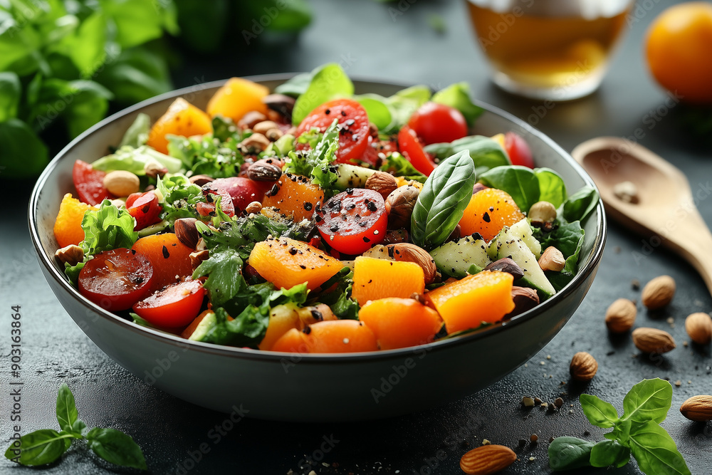 A vibrant and fresh salad bowl filled with an assortment of vegetables, fruits, and nuts, promoting healthy eating and a balanced diet. A vibrant and fresh salad bowl filled with an assortment of vegetables, fruits, and nuts, promoting healthy eating and a balanced diet.
