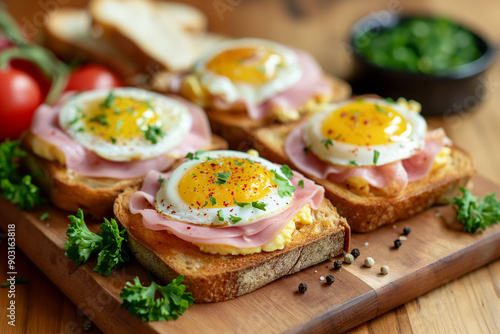 Close-up of toasts with eggs, ham and fresh vegetables on wooden board. Professional food photography, natural light
