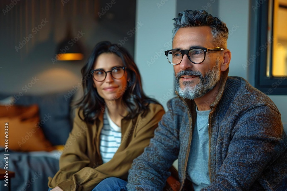 Beautiful woman and man with eyeglasses sitting on the edge of the bed, looking away as they navigate relationship tension and betrayal. Beautiful woman and man with eyeglasses sitting on the edge of the bed, looking away as they navigate relationship tension and betrayal.