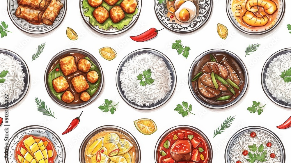 Hand-drawn rough pattern of popular Thai dishes like beef salad, Pad See Ew, and coconut ice cream. Vector isolated on white background for restaurant banners Hand-drawn rough pattern of popular Thai dishes like beef salad, Pad See Ew, and coconut ice cream. Vector isolated on white background for restaurant banners