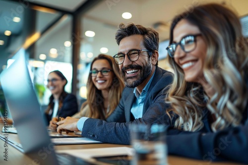 Three beautiful businesspeople, a man and two women, wearing eyeglasses, are smiling and laughing while sitting at a conference table and looking attentively