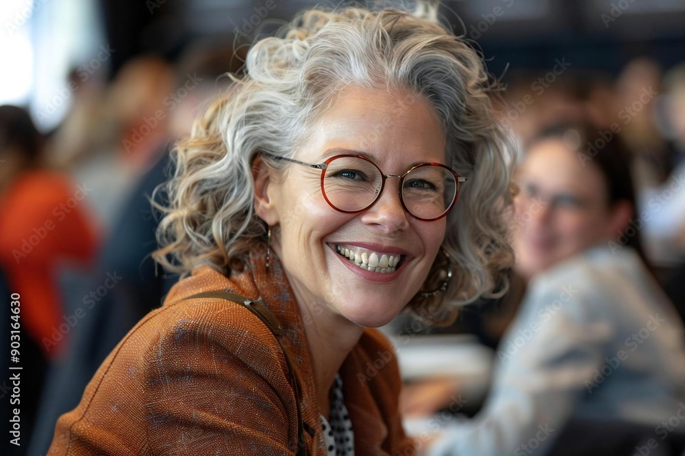beautiful senior manager wearing eyeglasses smiles and laughs as she gives a presentation to her colleagues in a large conference room, her team of employees attentively looking at her. beautiful senior manager wearing eyeglasses smiles and laughs as she gives a presentation to her colleagues in a large conference room, her team of employees attentively looking at her.