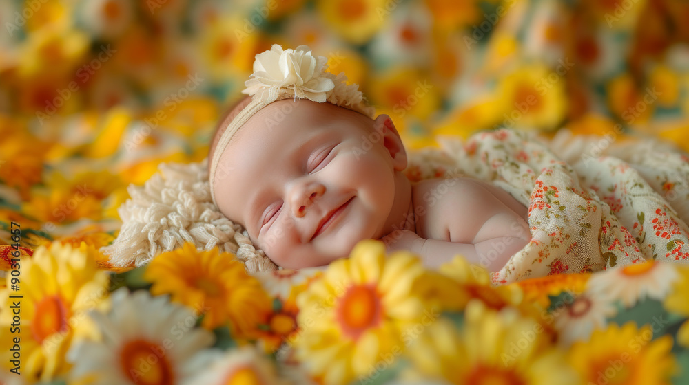Sleeping Baby Surrounded by Bright Sunflowers Sleeping Baby Surrounded by Bright Sunflowers