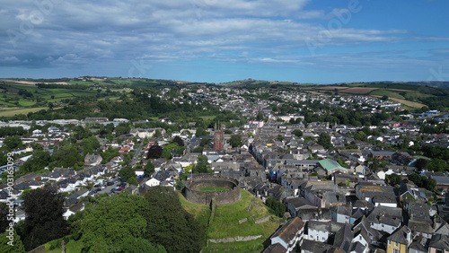 Totnes, South Devon, England: DRONE VIEW: The town centre and historic skyline. Totnes is a market town dating from the 10th century; today its alternative lifestyle attracts many visitors.
