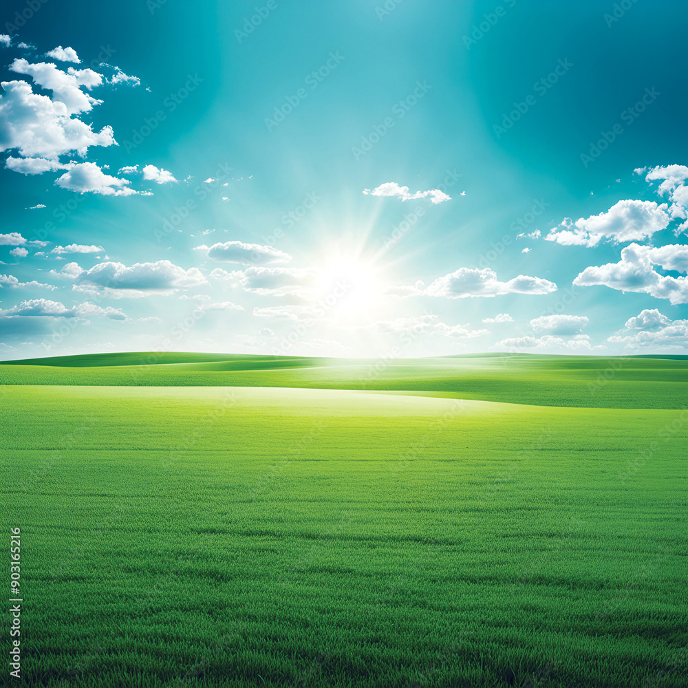 A vast green field with clouds floating in the clear sky and sunlight shining on it, grasslands A vast green field with clouds floating in the clear sky and sunlight shining on it, grasslands