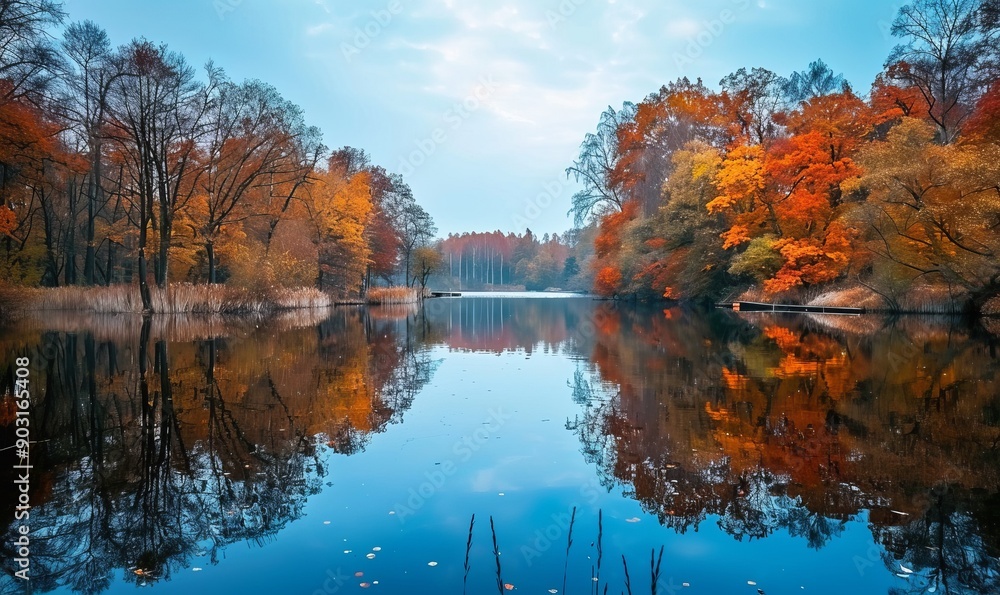 Lake framed by autumn trees, vibrant reflections on still waters Lake framed by autumn trees, vibrant reflections on still waters