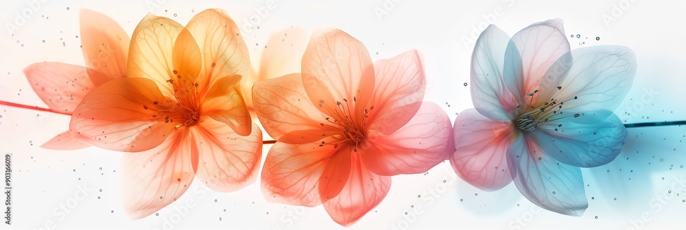 Fototapeta premium Soft, delicate flowers painted with watercolor, exuding fragility and tenderness in a close-up view.