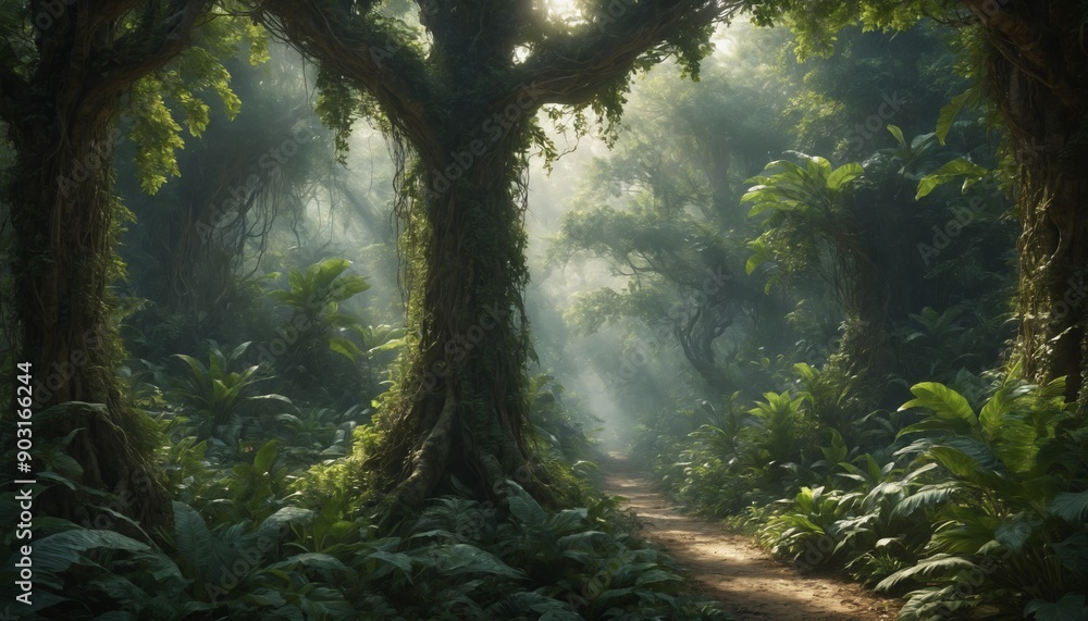 Sunbeams dancing through the jungle canopy on a misty morning Sunbeams dancing through the jungle canopy on a misty morning