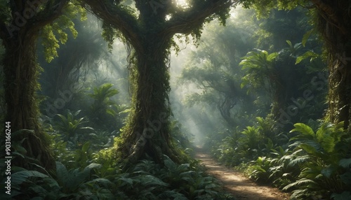 Sunbeams dancing through the jungle canopy on a misty morning