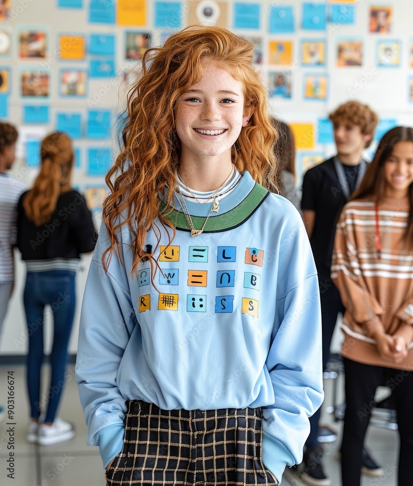 Obraz premium Young girl with red hair smiling in a blue sweater with a pattern on it