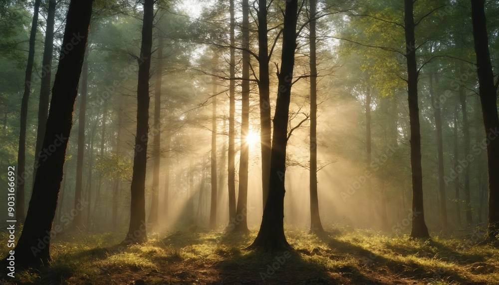 Obraz premium A golden dawn illuminates a misty forest