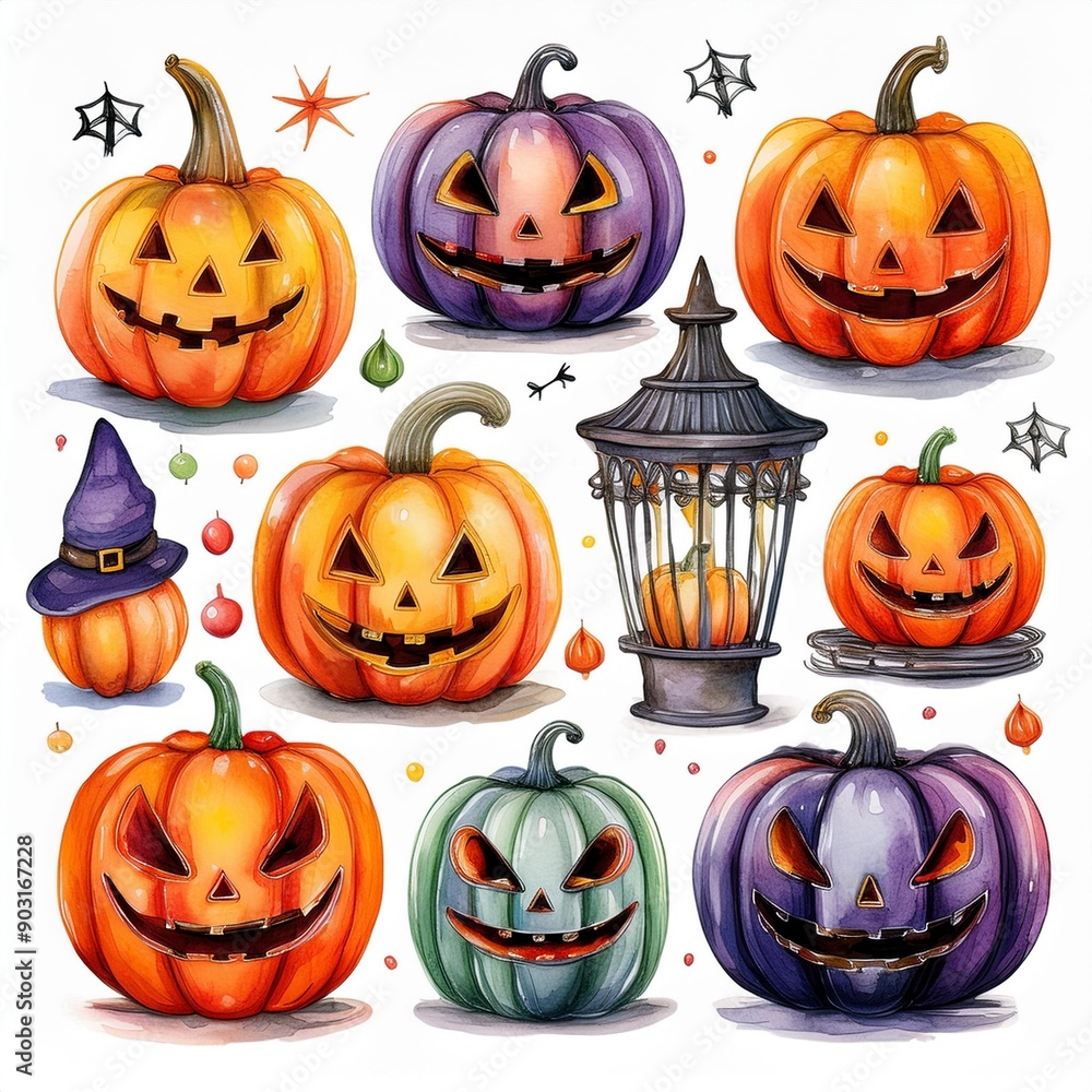 Set of cute watercolor Halloween's Day elements. Isolated on white background. Can be used for Halloween's day, greeting cards and invitations. Hand drawn watercolor illustration. Set of cute watercolor Halloween's Day elements. Isolated on white background. Can be used for Halloween's day, greeting cards and invitations. Hand drawn watercolor illustration.