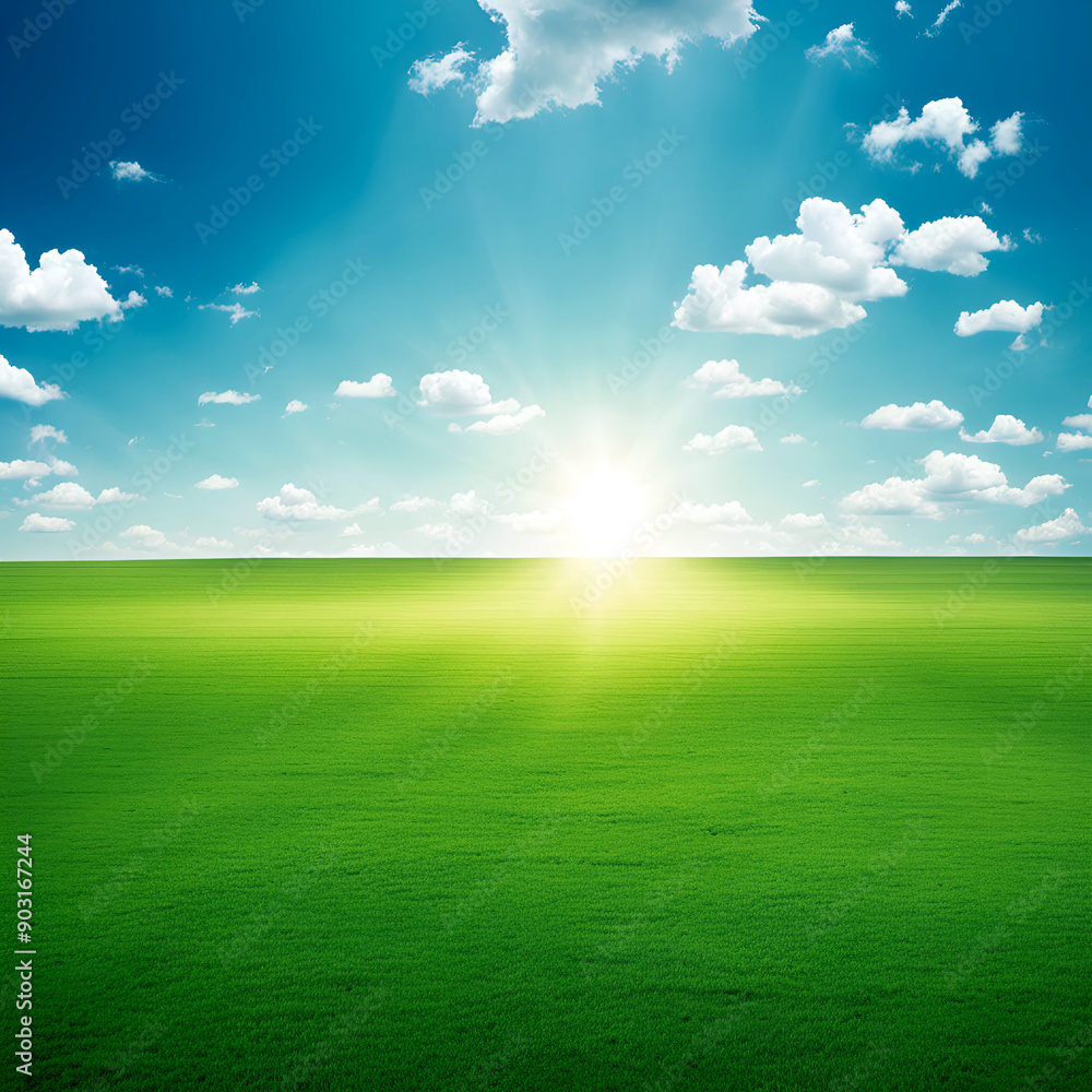 A vast green field with clouds floating in the clear sky and sunlight shining on it, grasslands A vast green field with clouds floating in the clear sky and sunlight shining on it, grasslands