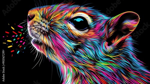   A close-up photo of a vibrant feline with sprinkles emerging from its mouth against a dark backdrop
