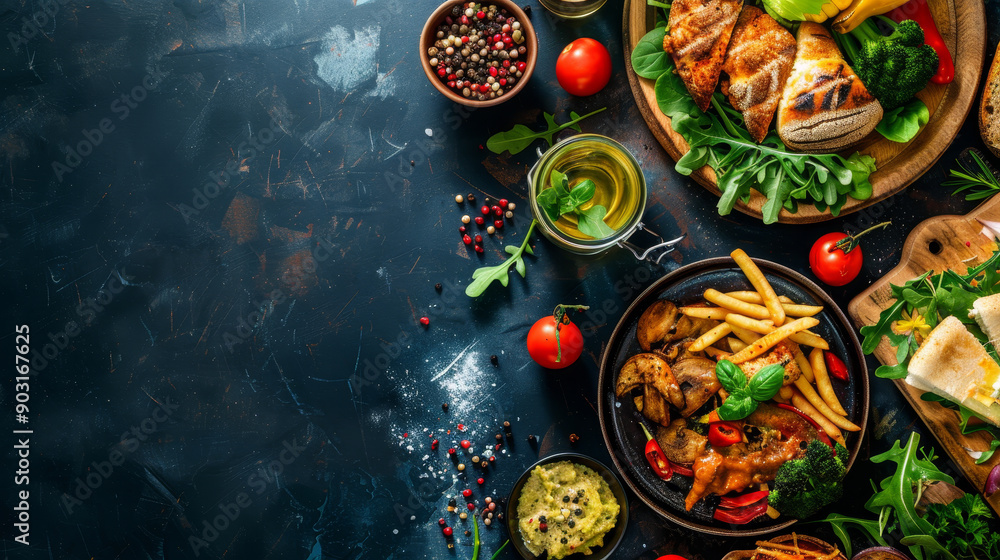 A table with a variety of food items including a plate of french fries A table with a variety of food items including a plate of french fries