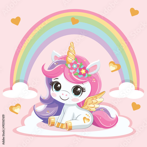 Cute modest unicorn with golden horn and wings sitting on a cloud with a rainbow, white background. Vector illustration in flat cartoon style
