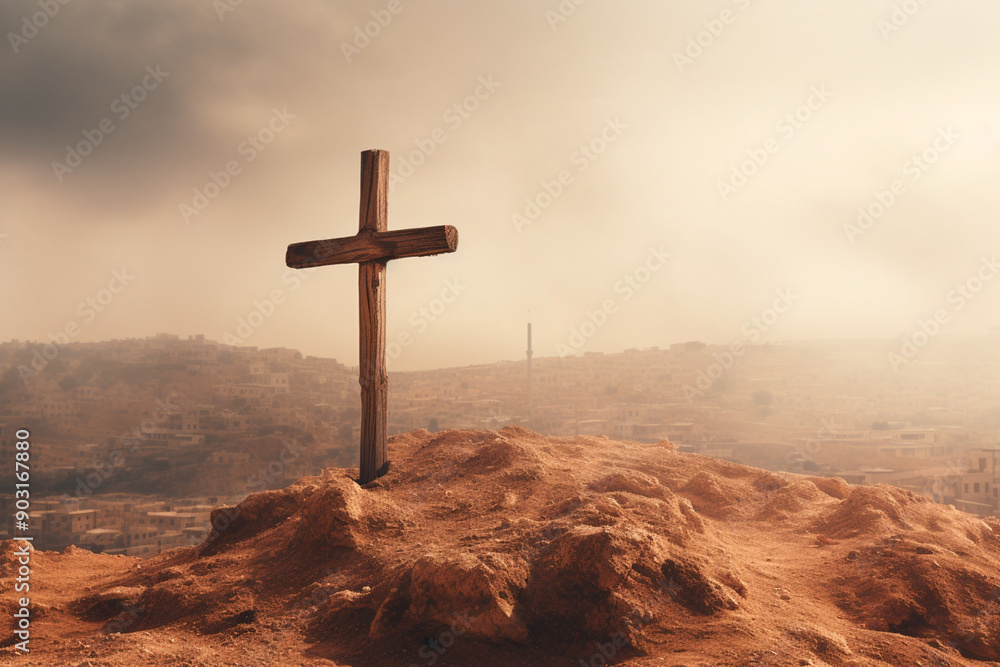 Cross on a hilltop against the dusty skyline of an ancient biblical town. Cross on a hilltop against the dusty skyline of an ancient biblical town.