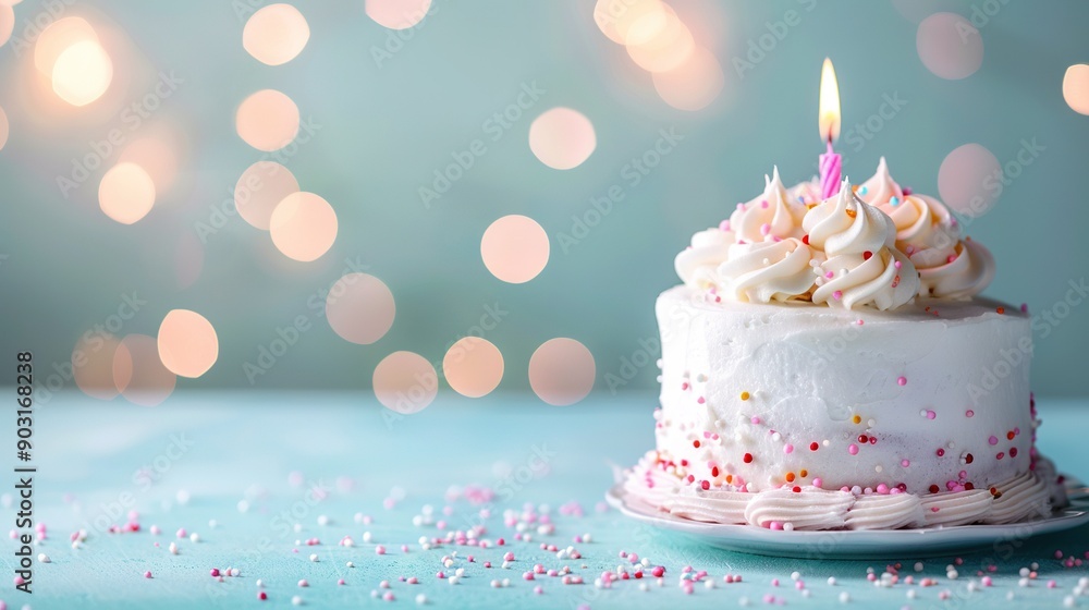  White Frosting, Pink Sprinkles, Lit Candle on Top