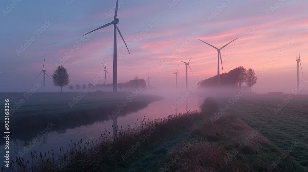 Soft hues of dawn in Dutch windmill park, tall turbines evoking calm and sense of renewable energy potential. Windmill park clean energy nehterlands Soft hues of dawn in Dutch windmill park, tall turbines evoking calm and sense of renewable energy potential. Windmill park clean energy nehterlands