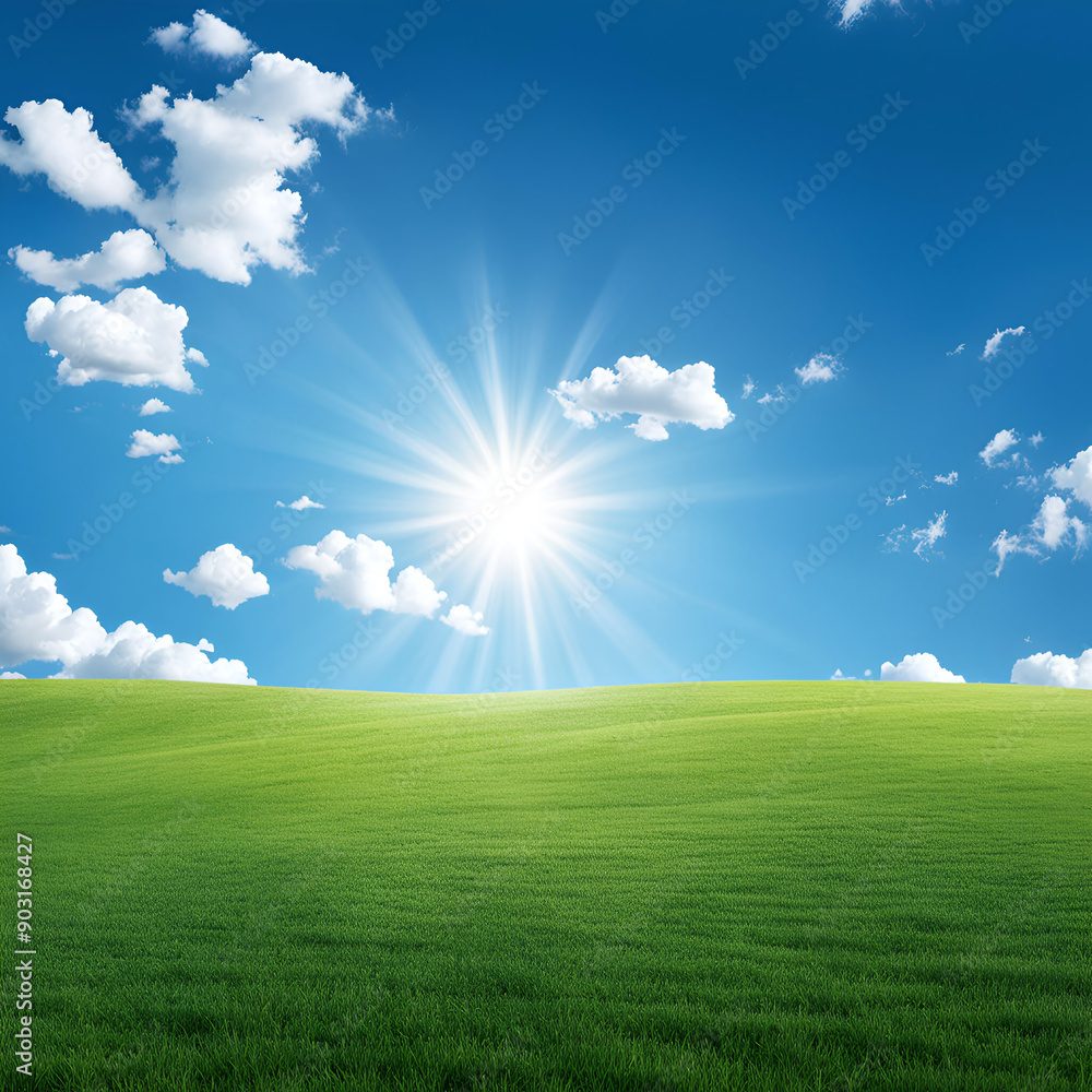 A vast green field with clouds floating in the clear sky and sunlight shining on it, grasslands A vast green field with clouds floating in the clear sky and sunlight shining on it, grasslands