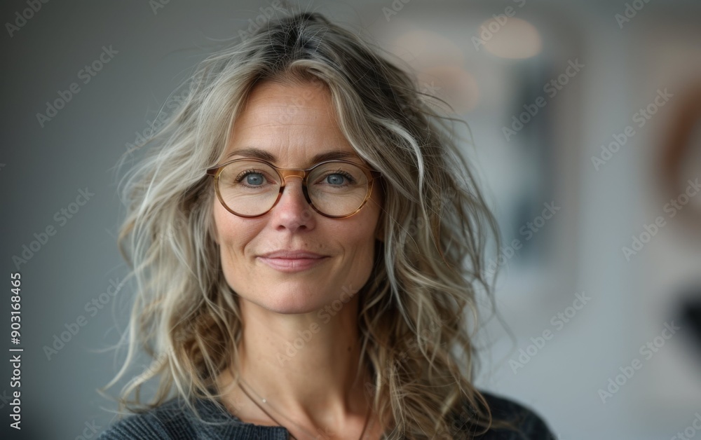 A confident mature businesswoman with curly hair and eyeglasses smiles warmly while standing in a bright, modern office A confident mature businesswoman with curly hair and eyeglasses smiles warmly while standing in a bright, modern office
