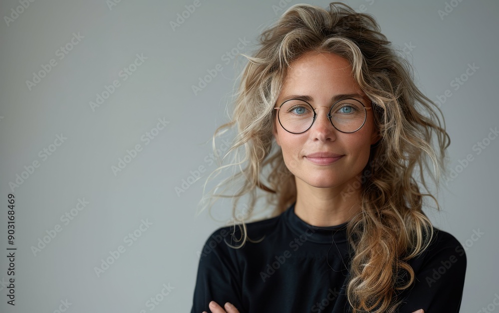 A mature businesswoman with glasses smiles confidently, conveying professionalism and approachability in a simple setting A mature businesswoman with glasses smiles confidently, conveying professionalism and approachability in a simple setting