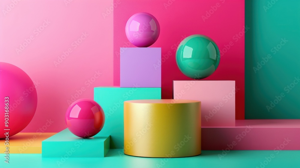 A colorful array of balls and shapes on a pink background A colorful array of balls and shapes on a pink background