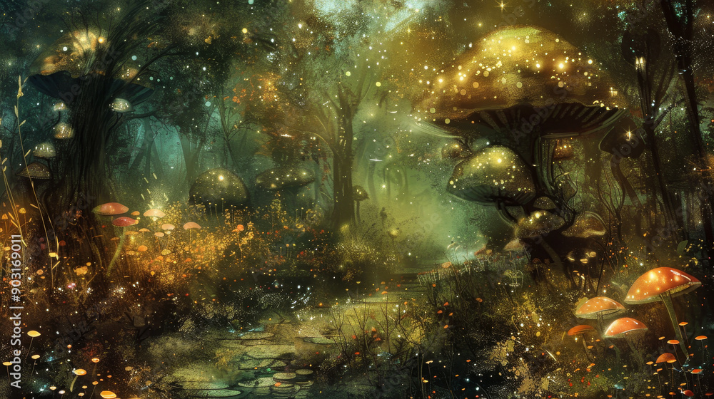 A forest scene with a path and a large mushroom
