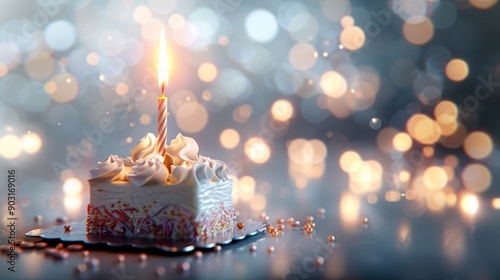   A clear photo of a birthday cake with a lit candle on top, surrounded by a blurred background © Sonya