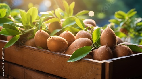 A wooden crate filled with fresh sapodilla surrounded by green leaves, glistening with water droplets in soft sunlight. photo