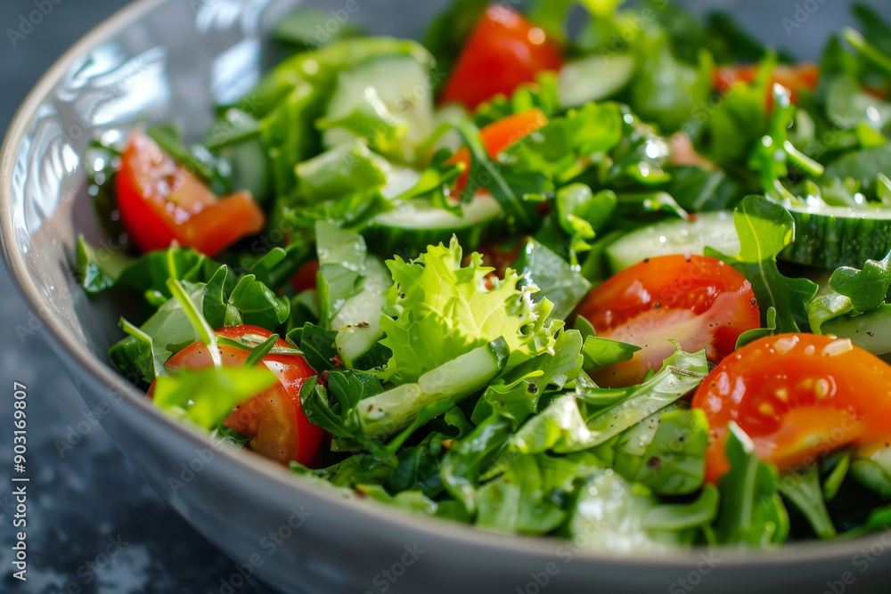 A bowl of salad with tomatoes, cucumbers, and lettuce A bowl of salad with tomatoes, cucumbers, and lettuce