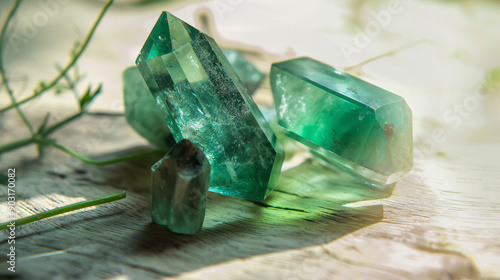 Polished and faceted emerald gemstones. photo