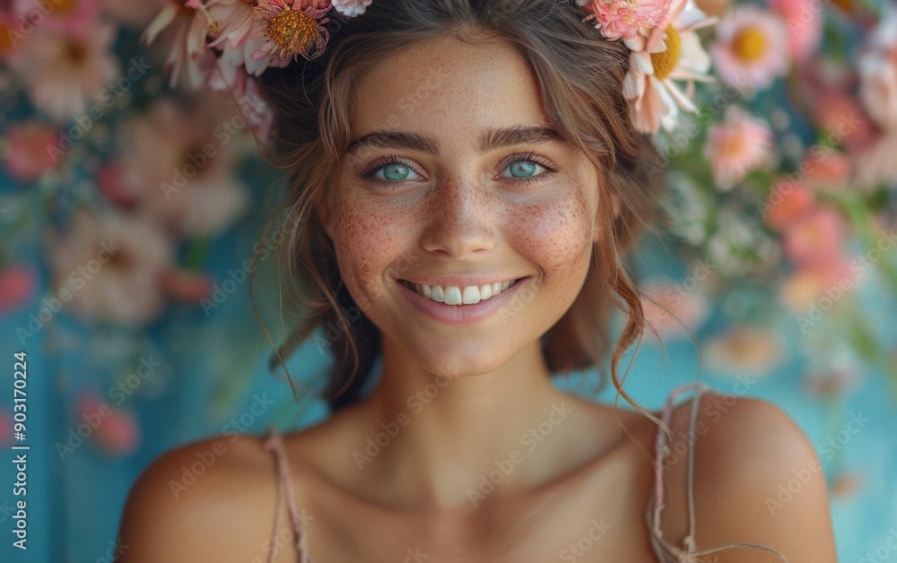 A joyful woman smiles brightly, adorned with flowers, enjoying the beauty of nature in a vibrant summer garden A joyful woman smiles brightly, adorned with flowers, enjoying the beauty of nature in a vibrant summer garden