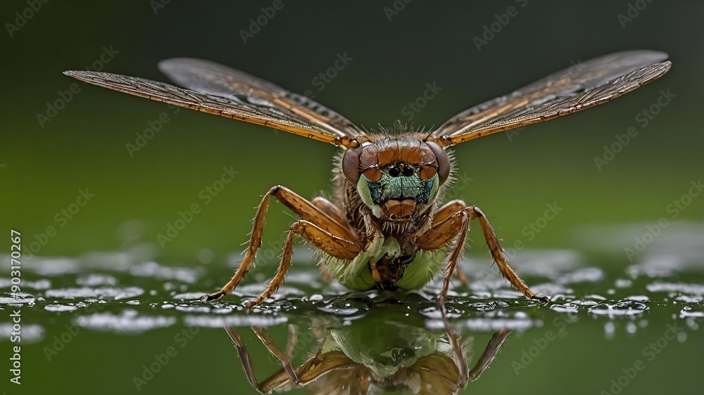 Dragonfly resting serenely on a broad leaf near a tranquil pond Dragonfly resting serenely on a broad leaf near a tranquil pond