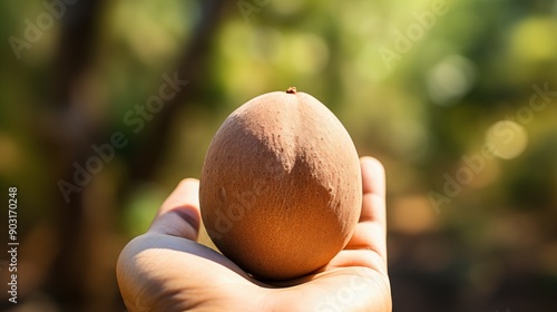 A person holding a brown sapodilla in hand, with a blurred green background. The fruit has a smooth surface and a small point at the top, resembling a sapote. photo