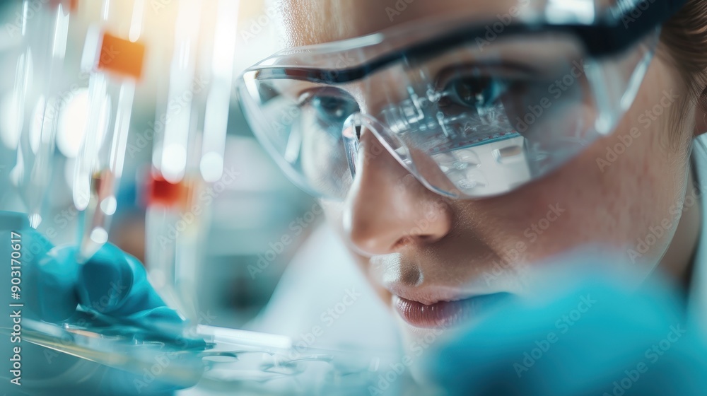 A scientist wearing protective gloves and a mask works diligently with laboratory equipment and glassware, showcasing scientific research and experimentation in a well-lit lab. A scientist wearing protective gloves and a mask works diligently with laboratory equipment and glassware, showcasing scientific research and experimentation in a well-lit lab.
