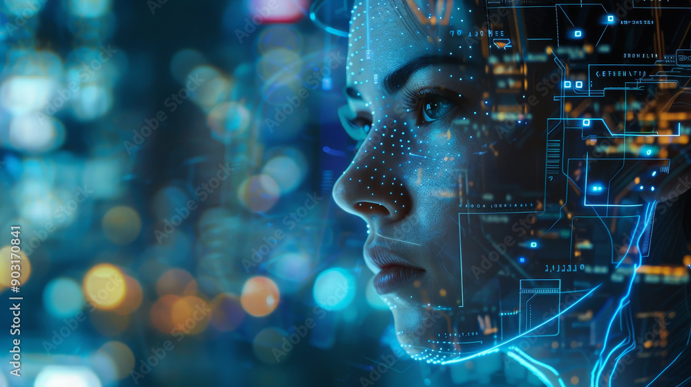 A woman's face is shown in a computer generated image with a blue background A woman's face is shown in a computer generated image with a blue background