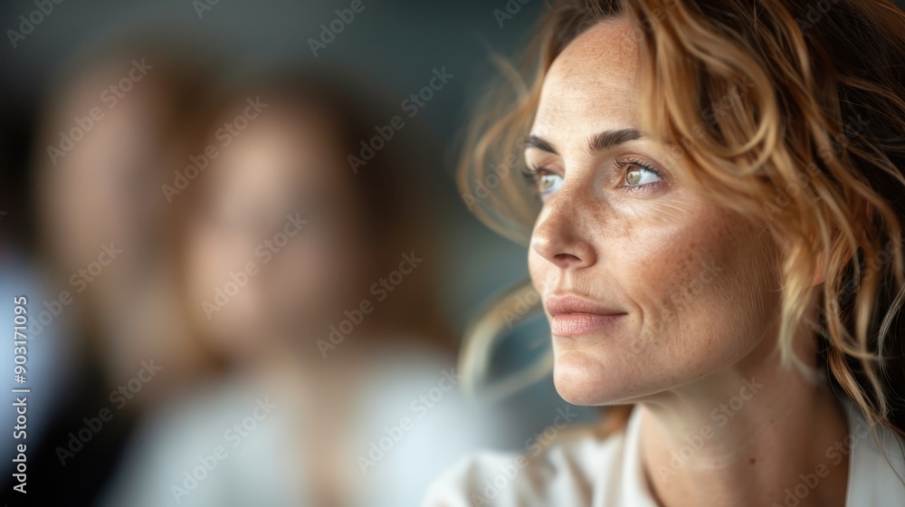 Obraz premium A thoughtful woman with light brown hair and freckles gazes towards the horizon, reflecting deeply during a serious meeting, showing introspective and focused demeanor.