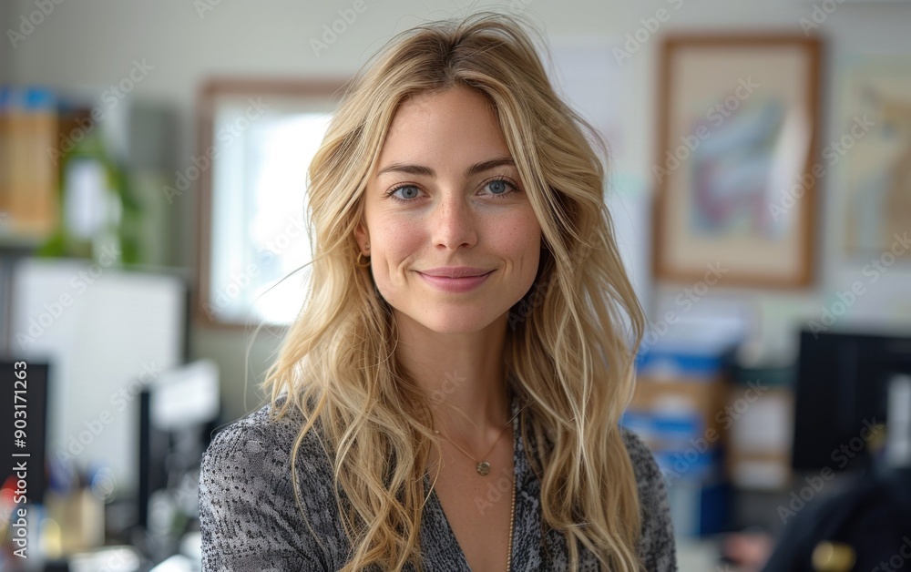 A confident woman stands in her office, smiling warmly, surrounded by workstations and office supplies during a busy workday A confident woman stands in her office, smiling warmly, surrounded by workstations and office supplies during a busy workday