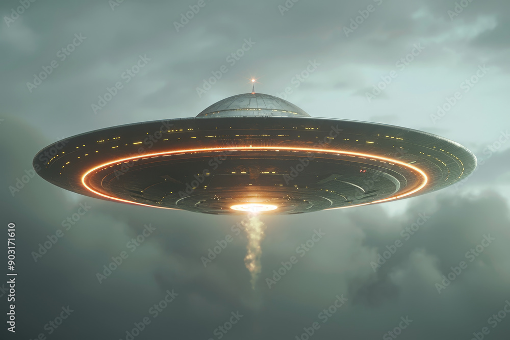 A large, orange UFO is flying through a cloudy sky A large, orange UFO is flying through a cloudy sky