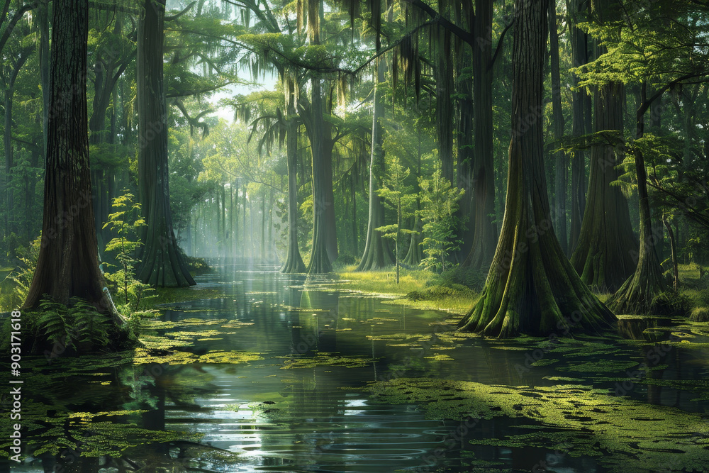 Obraz premium A lush green forest with a river running through it