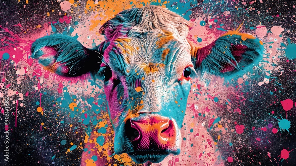 A close-up of a cow's face with paint splatters on a black background A close-up of a cow's face with paint splatters on a black background