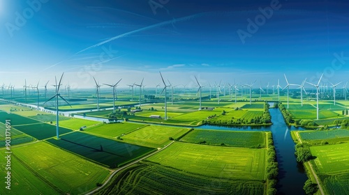 Panoramic view of Dutch windmill park on bright sunny day, numerous turbines in perfect symmetry, green fields and canals, vibrant blue sky. Windmill park clean energy nehterlands photo