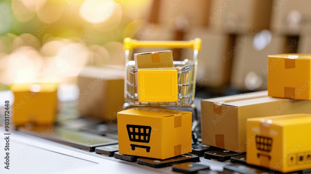 A laptop screen shows a shopping cart with a robot on it A laptop screen shows a shopping cart with a robot on it