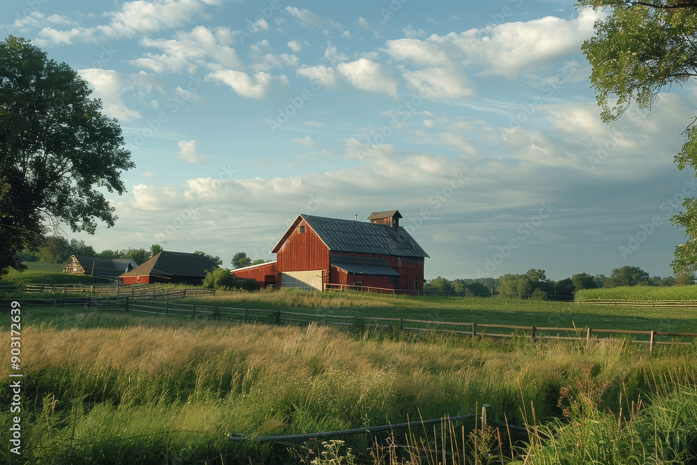 A red barn sits in a field with a fence around it A red barn sits in a field with a fence around it
