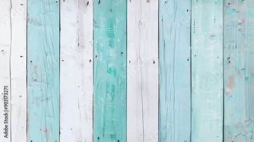 Weathered white and turquoise wooden planks background. Rustic and vintage texture. Design for posters, cards, invitations, banners. Place for text.